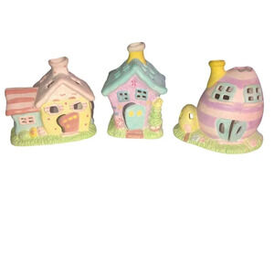 Vintage RUSS BERRIE Glitter Glam Easter Bunny Houses Votive Candle Holder Set 3